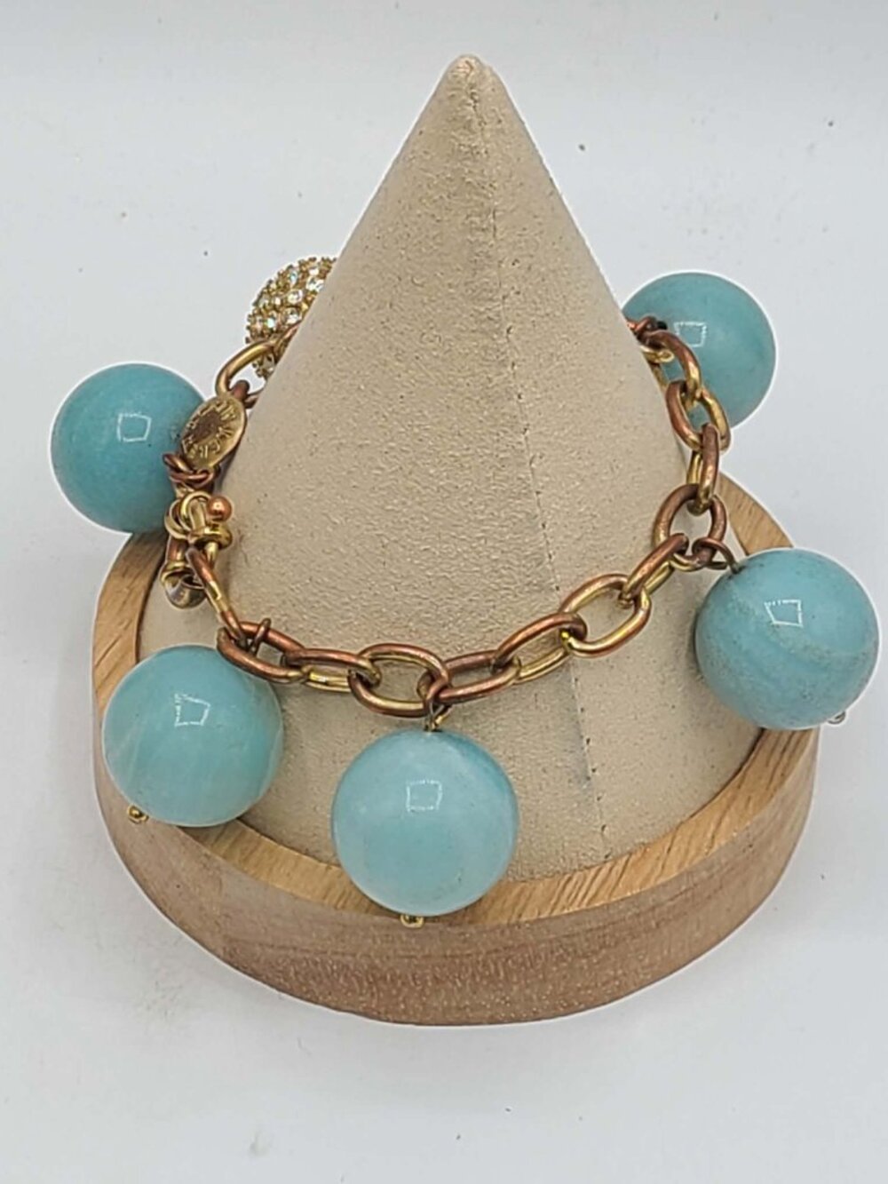 J Crew Rose Gold Tone Turquoise Bead Clear Crystal Pave Bead Bracelet